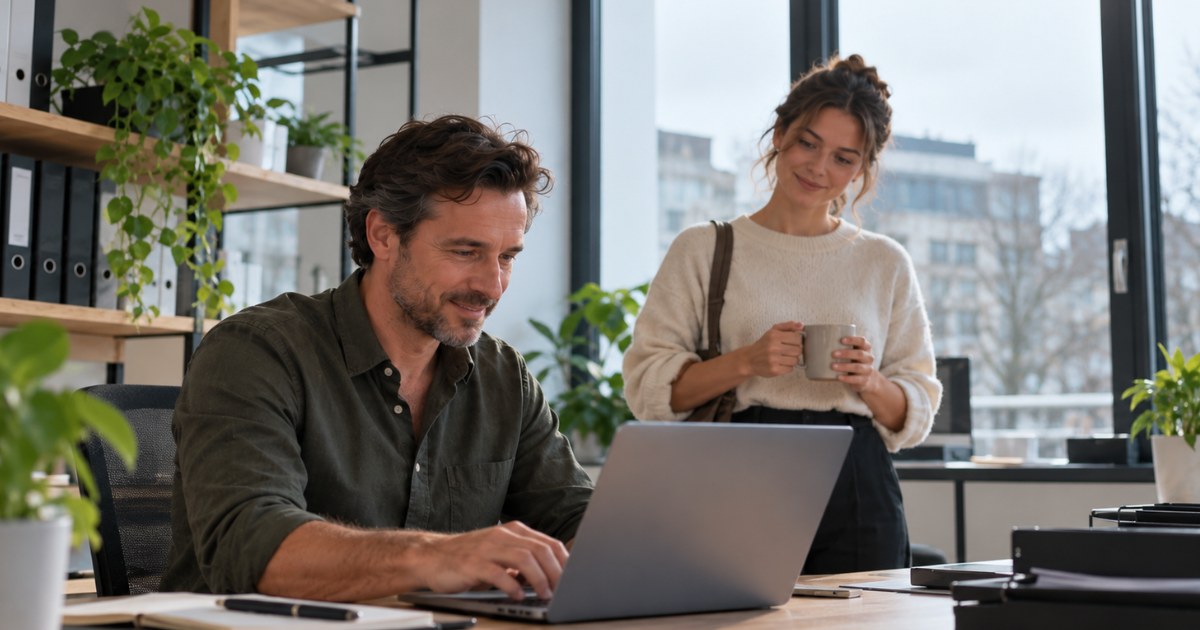 Un employeur enregistre une nouvelle collaboratrice sur son ordinateur pendant qu'elle attend avec un café