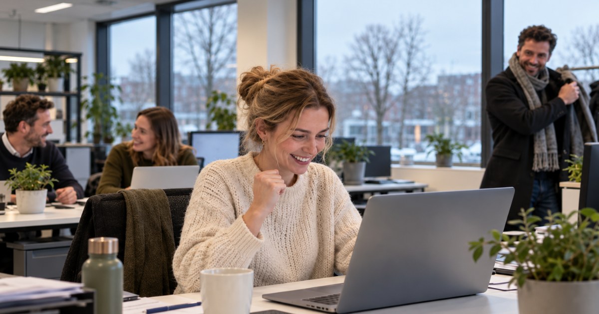 Une employée consulte avec plaisir sa fiche de paie sur son ordinateur portable dans un bureau en décembre