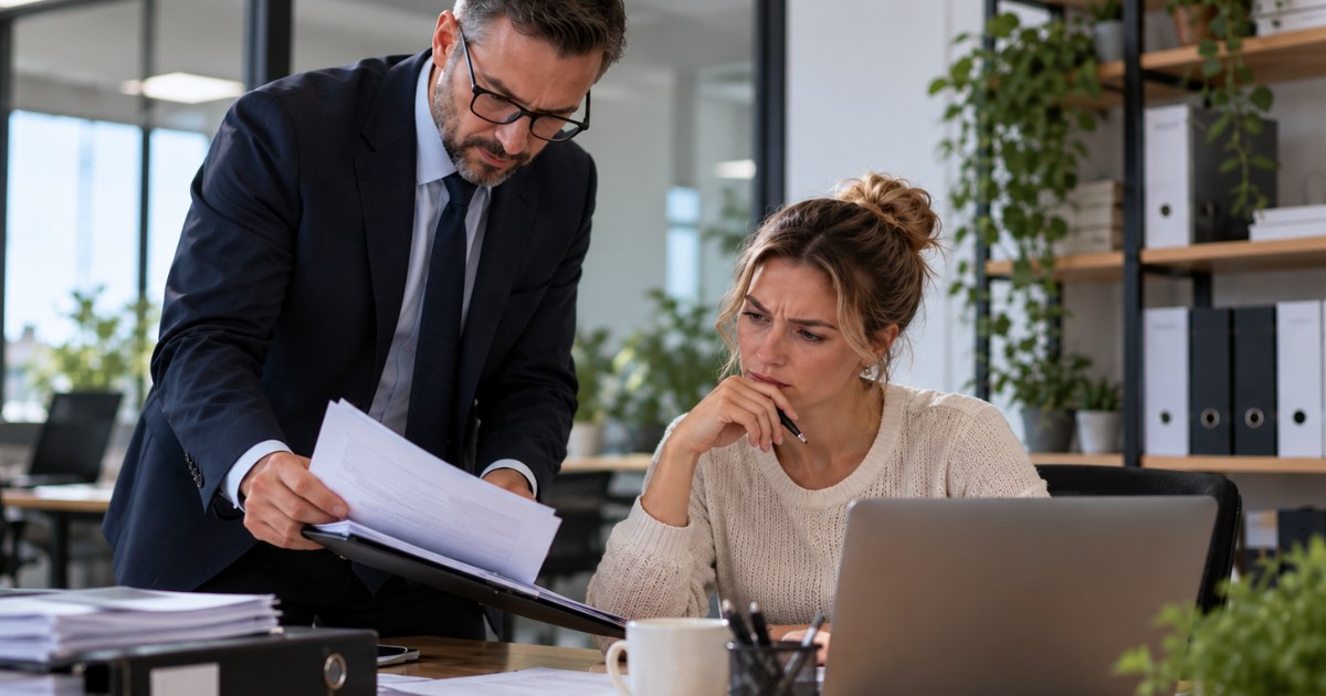 Un inspecteur social passe en revue des documents avec une employeuse à son bureau