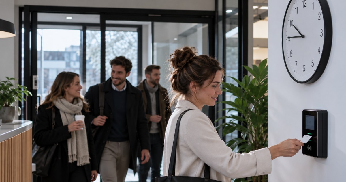 Une employée enregistre son arrivée avec son badge à la pointeuse