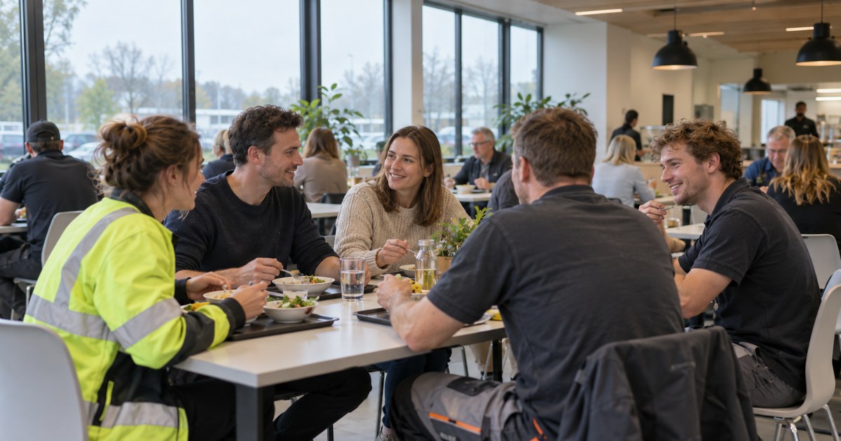 Des collaborateurs de l'entrepôt, des bureaux et de la production déjeunent ensemble dans la cantine commune