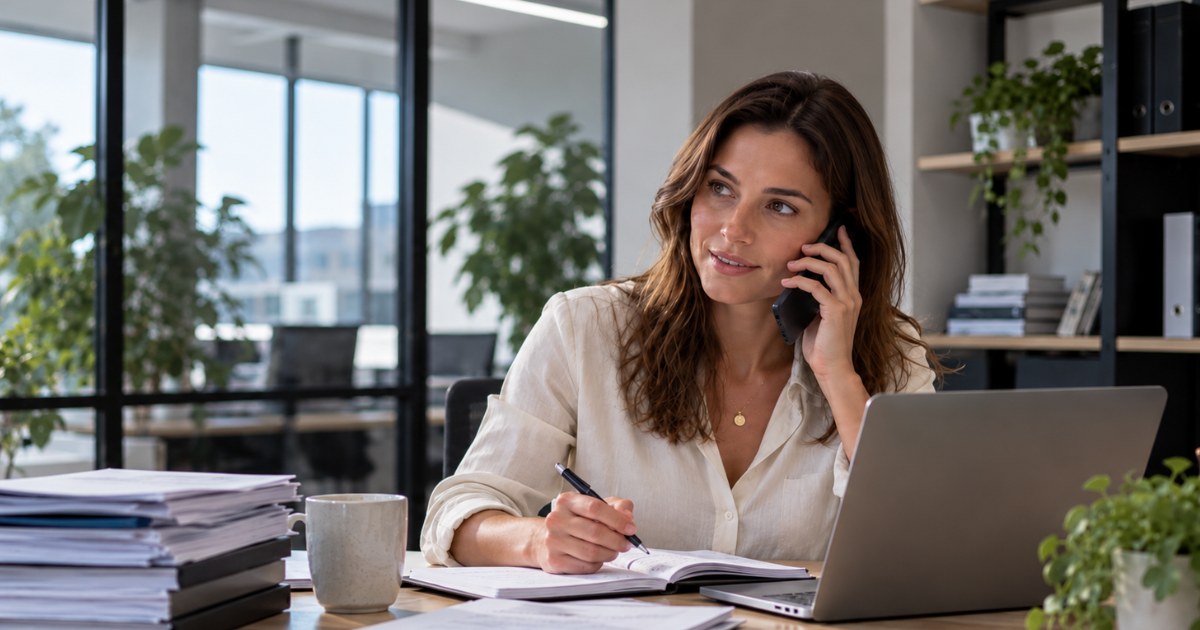 Une entrepreneuse téléphone à son bureau au sujet d'un changement de secrétariat social